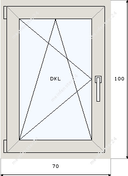 Technische Zeichnung von Öffnungsmöglichkeiten von 70x100 Fenstern (DKL)