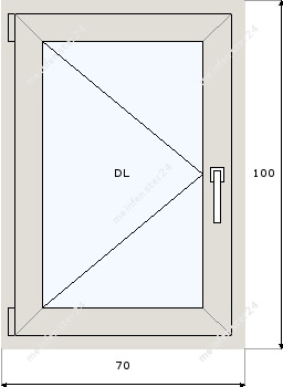 Technische Zeichnung von Öffnungsmöglichkeiten von 70x100 Fenstern (DL).