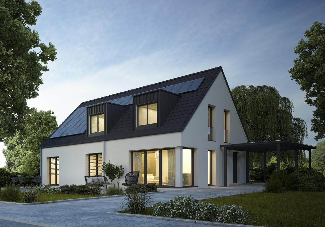 Neubauhaus mit Solarpaneelen, großen Fensterflächen und Gartenanlage