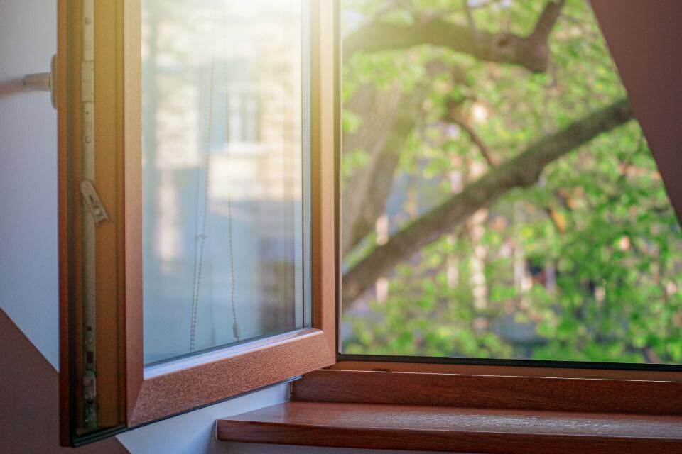 Geöffnetes Fenster mit Blick nach draußen auf einen Baum bei Sonnenschein.