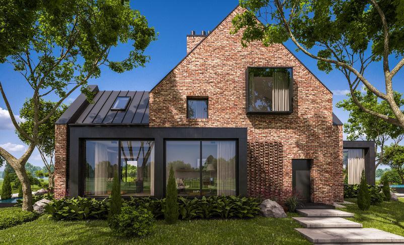 Frontansicht eines modernen Hauses mit schönem Garten.