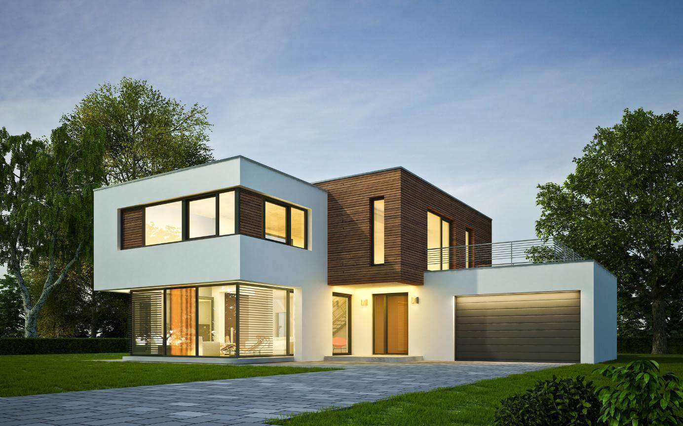 Modernes Einfamilienhaus mit Flachdach, Holzfassade und großer Fensterfront im Grünen.