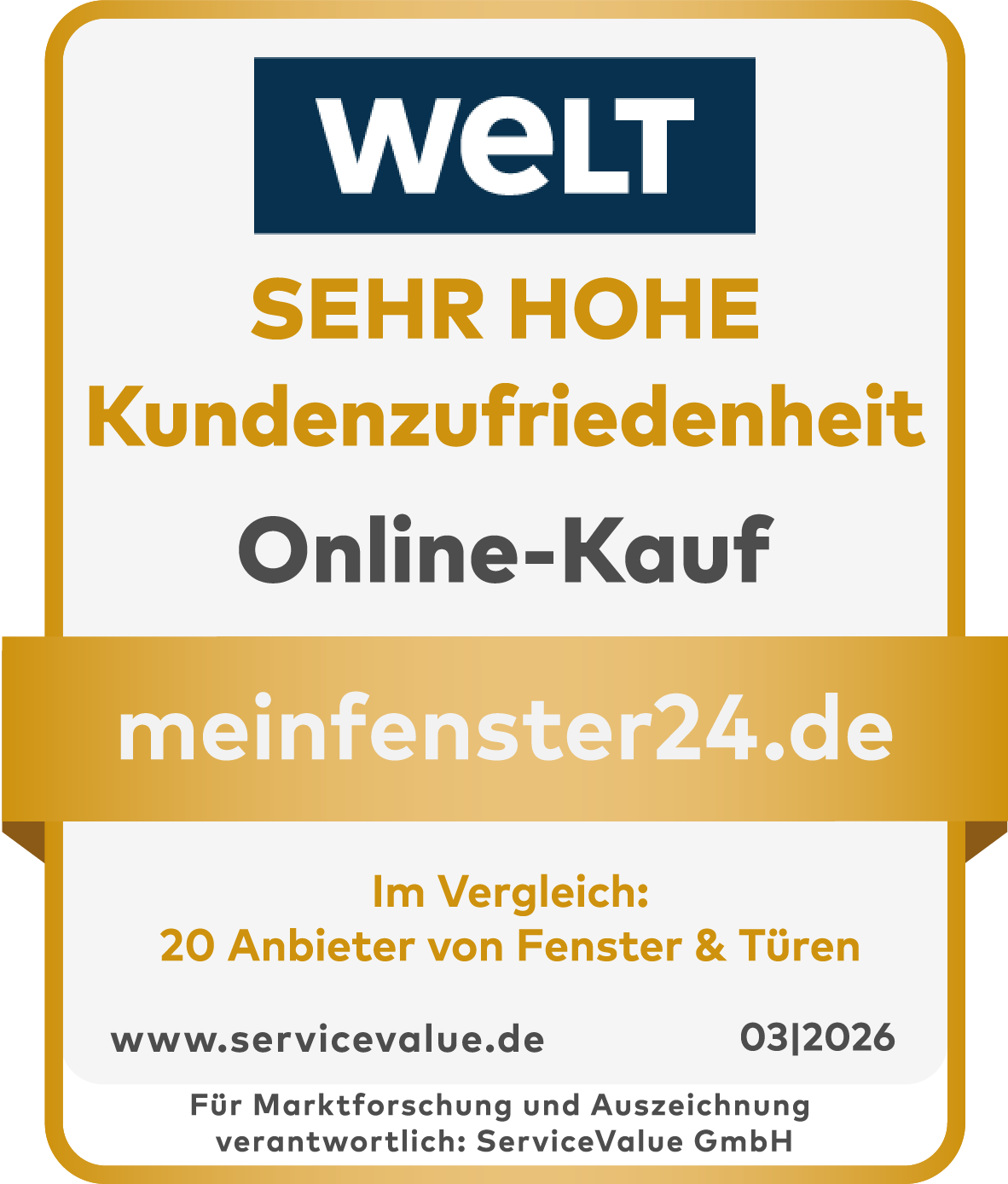 Sehr hohe Kundenzufriedenheit 2026-Auszeichung für meinfenster24 von der WELT