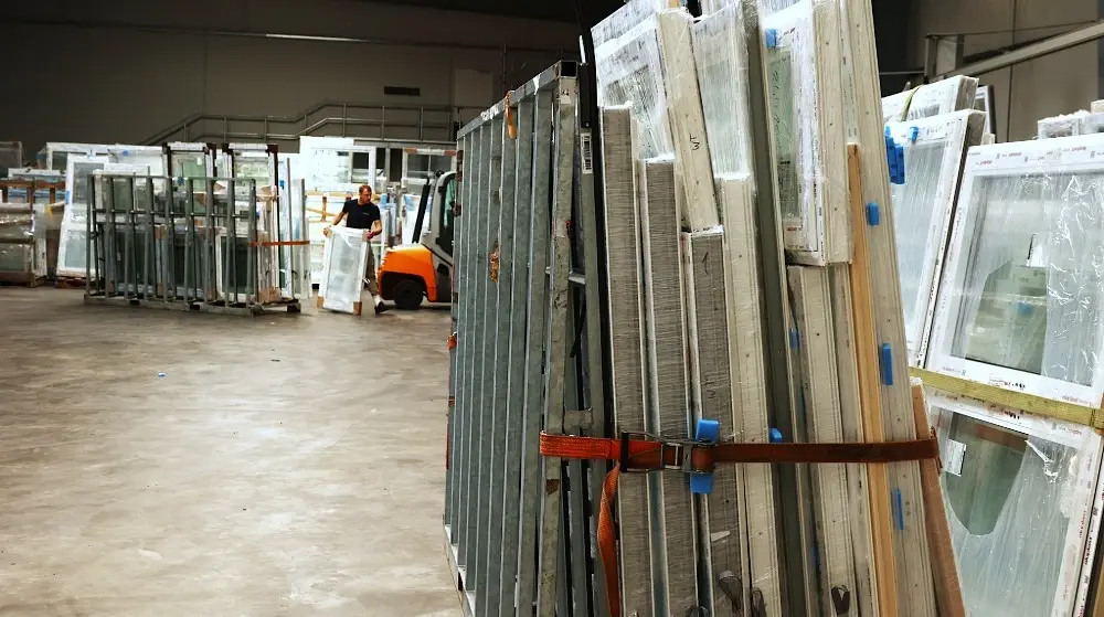 Bei meinfenster24 werden die Fenster sorgfältig verpackt, bevor der Fensterversand nach ganz Deutschland erfolgen kann. Blick ins Lager in Apensen mit Transportgestell im Vordergrund und Arbeiter im Hintergrund.