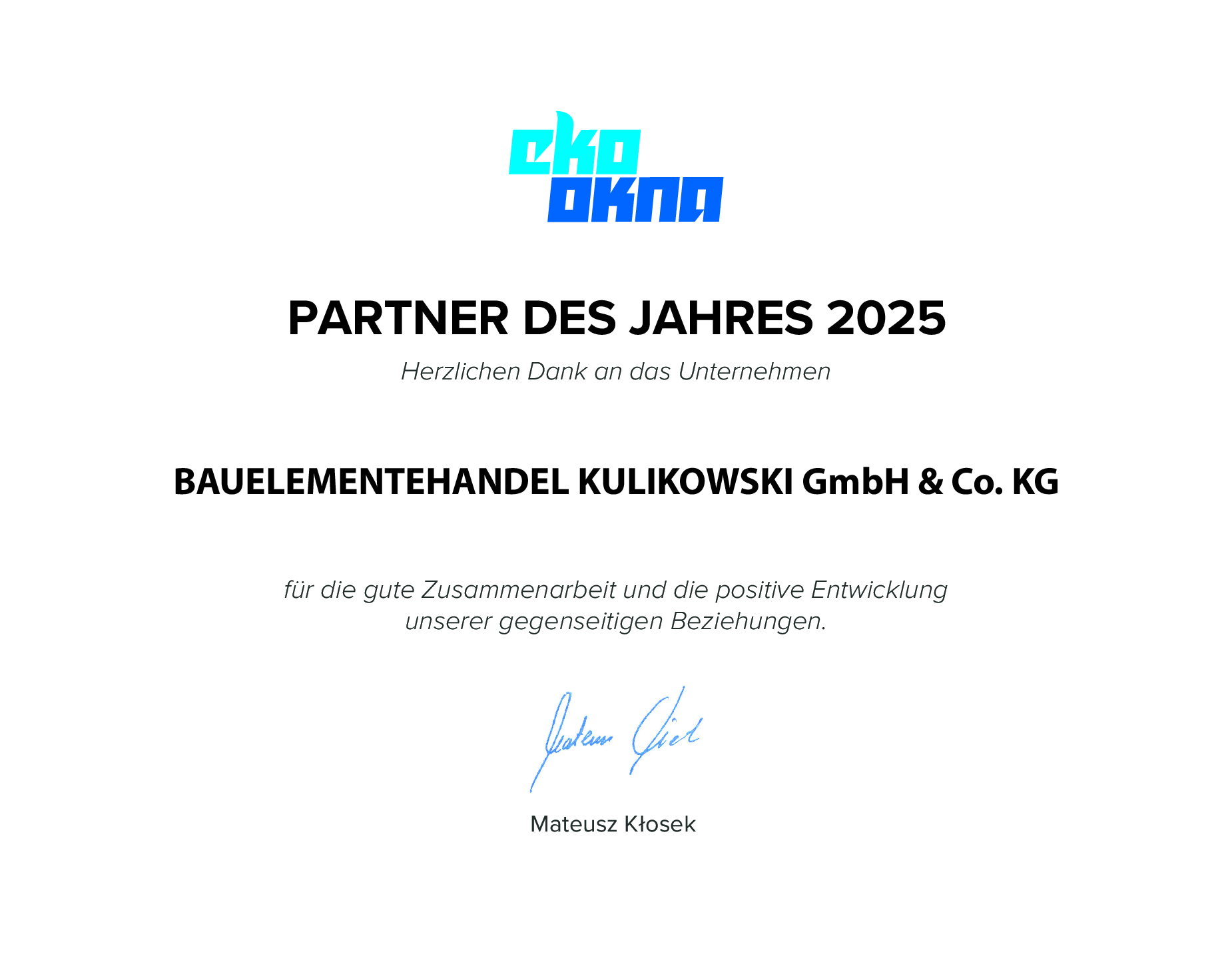 Auszeichnung Partner des Jahres 2025 von Eko-Okna für meinfenster24