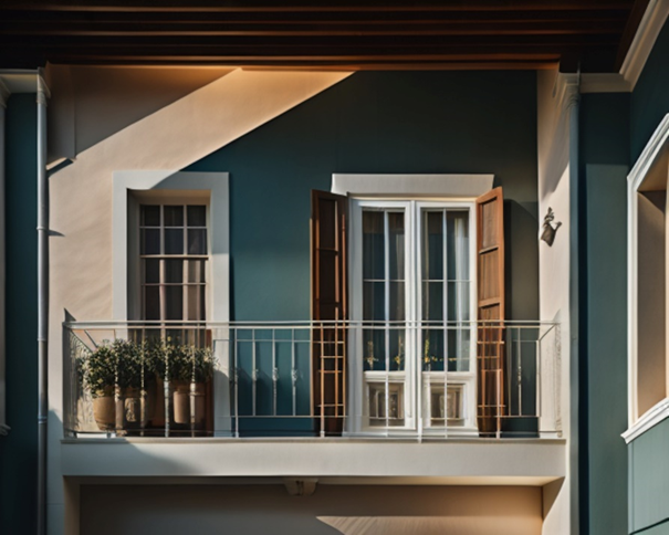 Fassadenansicht, weiße Balkontür mit Sprossen
