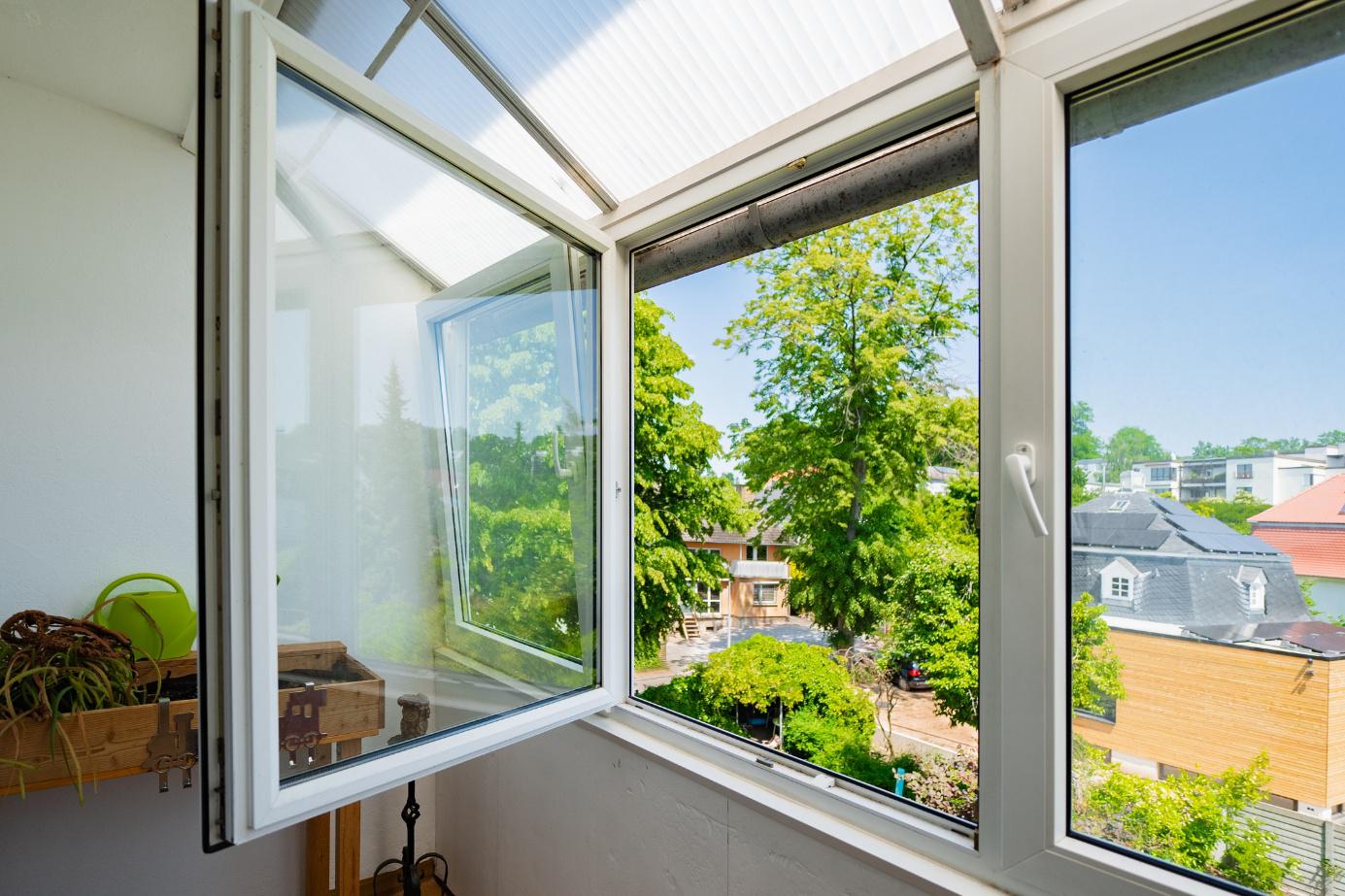 Geöffnetes Fenster mit Blick auf Bäume und Wohnhäuser bei sonnigem Wetter.