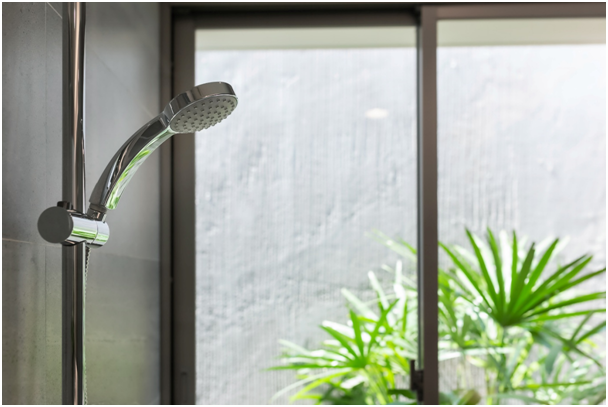 Dusche im Bad mit Pflanze außerhalb des Fensters