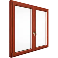 Darstellung eines gemütlichen, rotfarbenen, zweiflügeligen Holzfensters mit goldenen Griffen vor hellem Untergrund