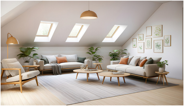 Wohnzimmer mit drei geschlossenen Dachfenstern in Dachschräge