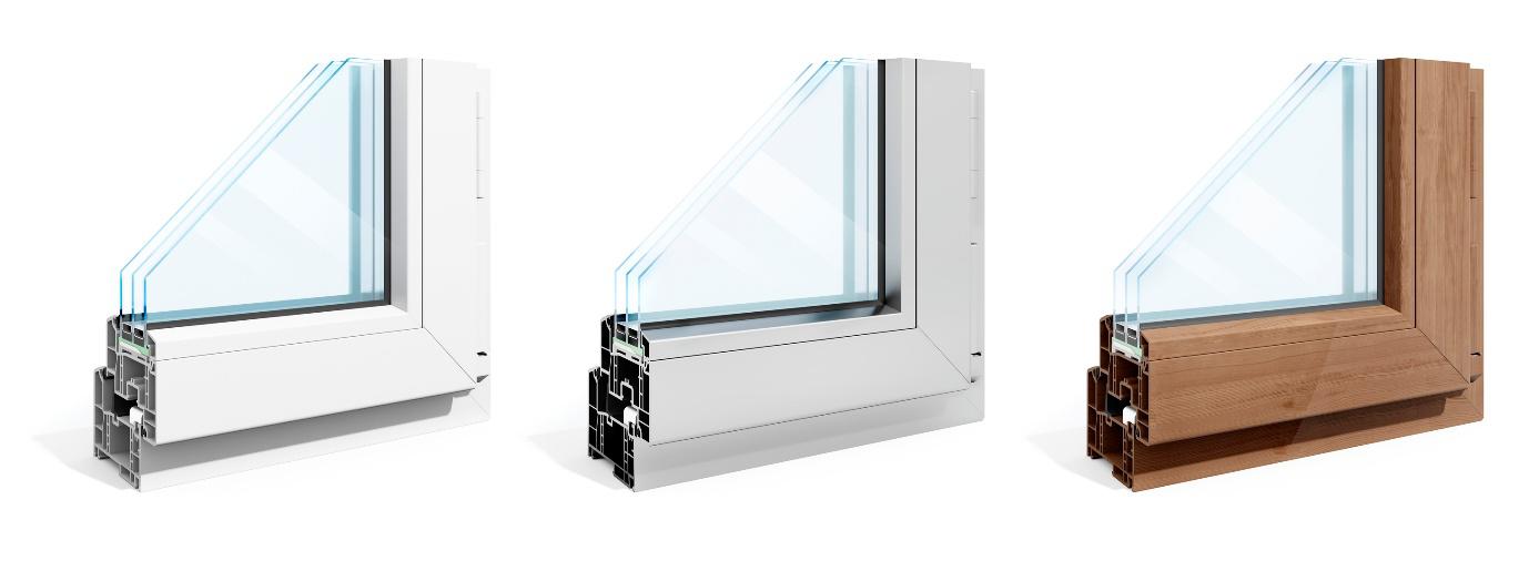 Verschiedene Fensterquerschnitte in drei verschiedenen Materialien