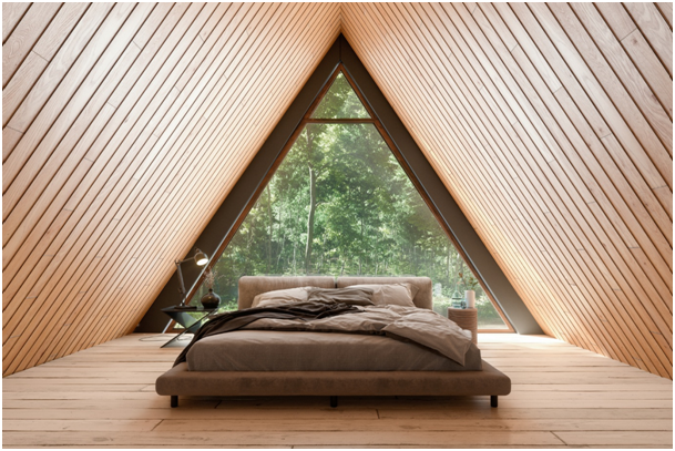 Dachboden aus Holzlatten, Bett und Dreiecksfenster mit Waldblick