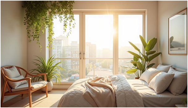 Zimmer mit Bett, Stuhl, Grünpflanzen und großem Fenster mit Blick nach draußen
