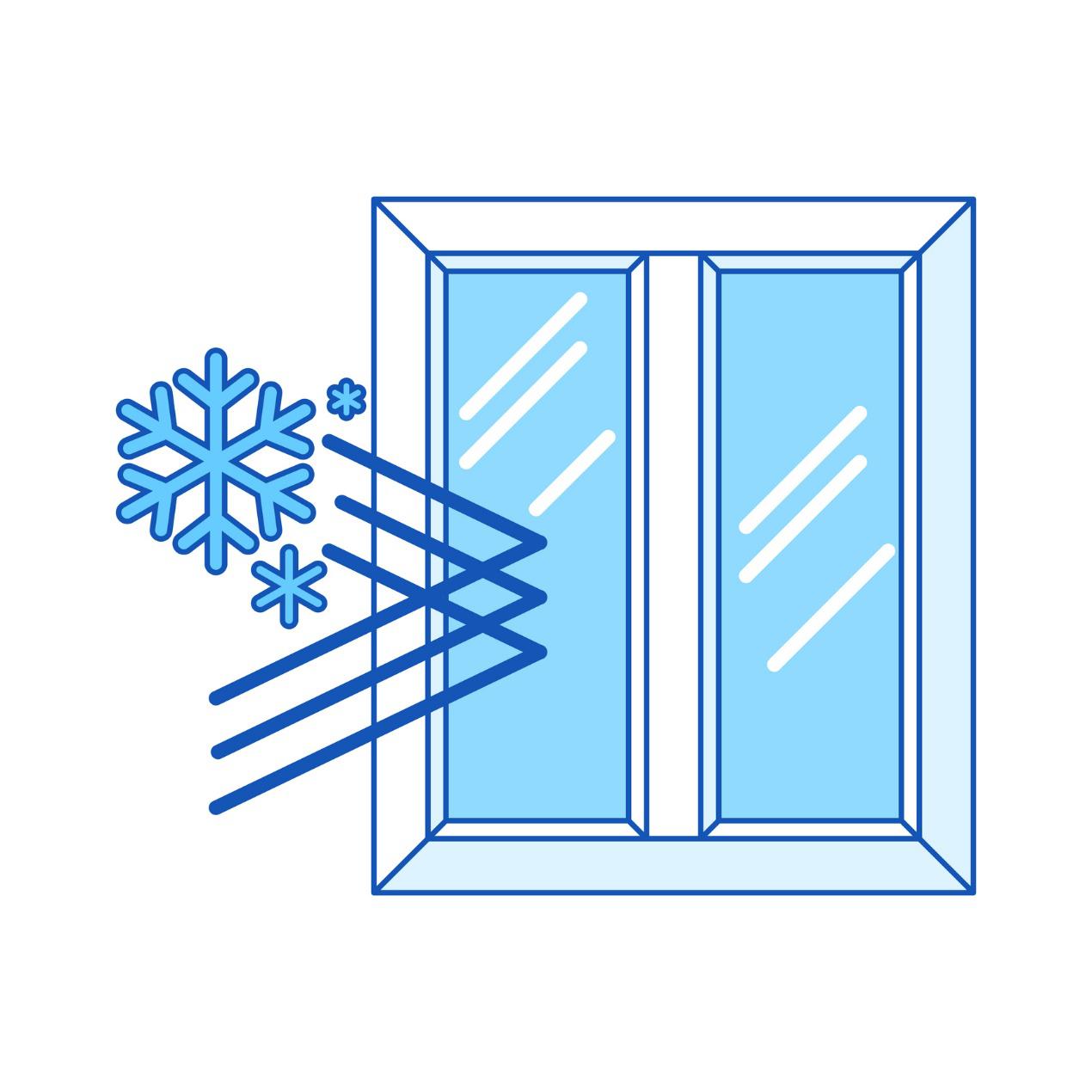 Eine stilisierte Darstellung eines Fensters mit K&auml;lte- und Luftzirkulation, dargestellt durch Schneeflocken und Windlinien, die aus dem Fenster herausstr&ouml;men.