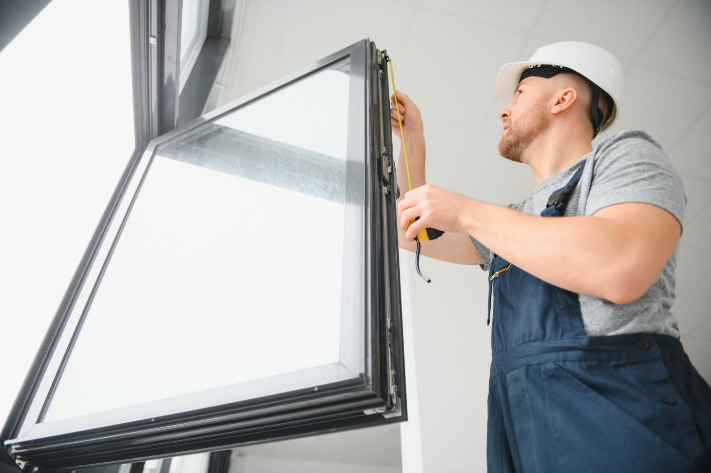 Handwerker mit Bauhelm misst ein Fenster bei der Installation.