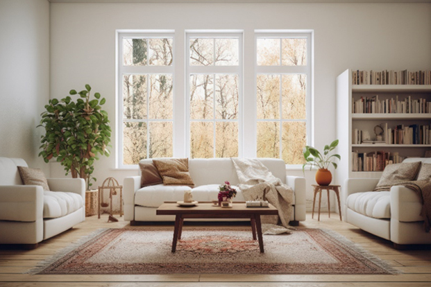 Gemütliches Wohnzimmer mit drei doppelflügeligen Fenstern im Hintergrund, die jeweils mit Oberlichtern und Sprossen versehen sind - bei Meinfenster24 bequem Fenster online kaufen und den Wohnraum mit viel Licht und modernem Stil aufwerten.
