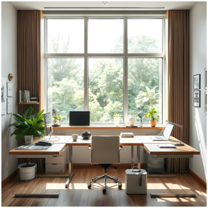 Innenraum mit bodentiefen Fenstern, Gardinen und Blick ins Grüne