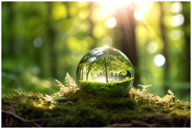 Glaskugel auf moosigem Waldboden, darin spiegeln sich Bäume 