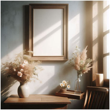 Vor dem vintage Fensterrahmen an der Wand stehen ein Tisch und einzelne Dekoelemente.