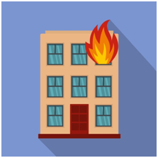 Illustration eines brennenden Mehrfamilienhauses mit Flammen aus einem Fenster