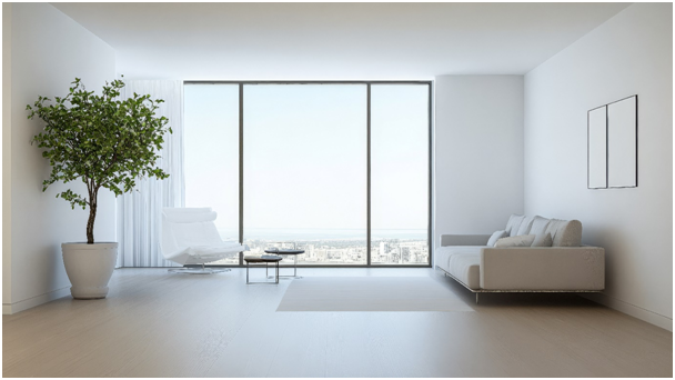 Großes und bodentiefes Fenster in einem modernen Wohnzimmer