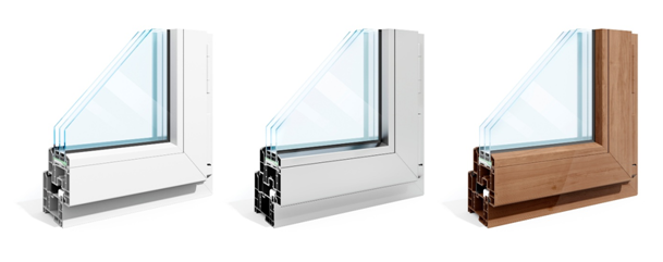 Alt-Attribut: 3D-Illustration von PVC-, Aluminium- und Holz- Fensterprofilen