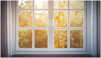 Ein wei&szlig;es, geschlossenes Fenster das den Blick auf bunte Herbstbl&auml;tter erm&ouml;glicht.