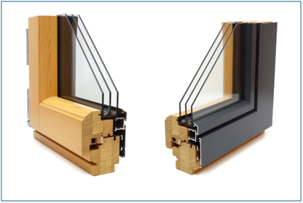 Vorder- und R&uuml;ckansicht eines Holz-Alu-Fensters im Querschnitt mit Dreifachverglasung