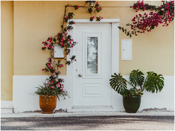Haustür mit Blumenranke und Bepflanzung
