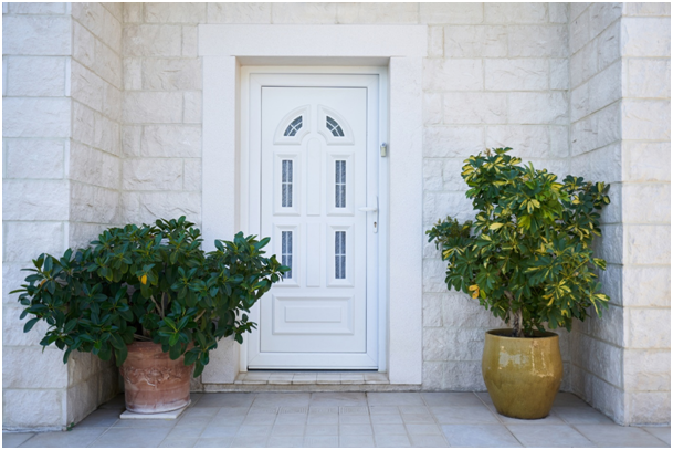 Eingangsbereich mit Kunststofft&uuml;r und Zierpflanzen in T&ouml;pfen