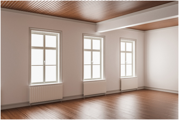 Drei wei&szlig;e Verbundfenster in einem leeren Raum
