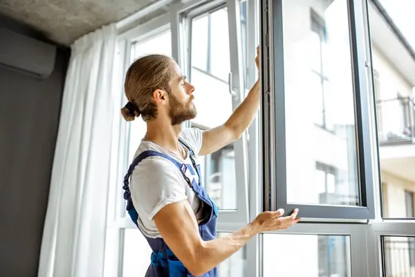 Foto von einem Fensterinstallateur bei meinfenster24.de, der online gekaufte Fenster zu Hause einbaut.