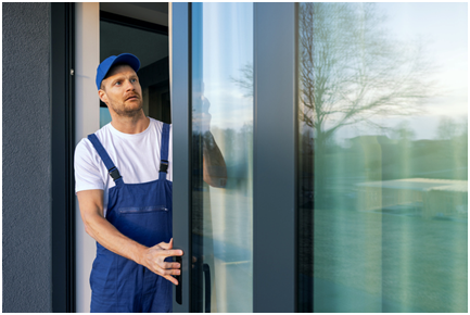 Ein Mann montiert Terrassenschiebetüren mit Aluminiumrahmen