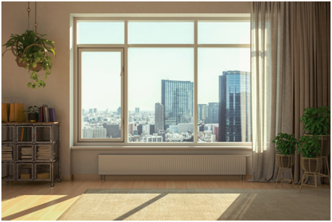 Alt-Attribut: Modernes großes Fenster mit Blick auf eine Großstadt.