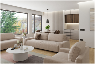 Helles Wohnzimmer mit großen, modernen Fenstern und Blick ins Grüne