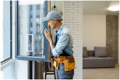 Handwerker beim Einbau eines Fensters in einer modernen Wohnung