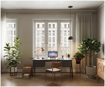 Alt-Attribut: Wohnung mit einem Schreibtisch direkt vor einem Fenster.