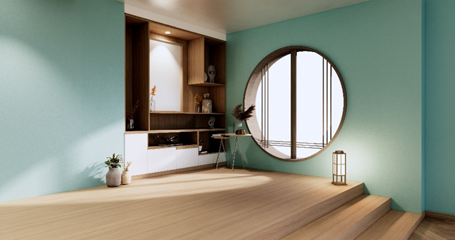 Großes rundes Fenster in einem stillvollen Wohnzimmer