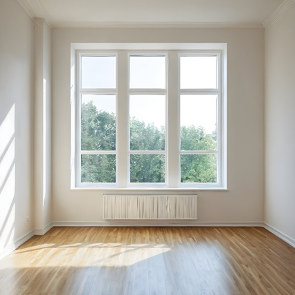 Weißes helles Zimmer mit einem dreiflügeligen Fensterelement und Parkettboden.