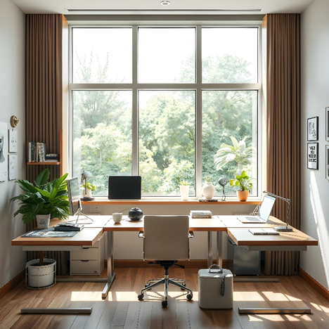 Helles Heimbüro mit Parkettboden und großer Fensterkonstruktion.