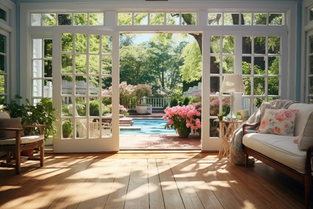Blick aus einem Haus in einen Garten mit Pool, vielen Bäumen, Pflanzen und Blumen - warme, einladende Stimmung, bei der bodentiefe Sprossenfenster sichtbar sind und zeigen, wie Sie bei Meinfenster24 Fenster kaufen können, um den Ausblick und das Raumgefühl zu verbessern.