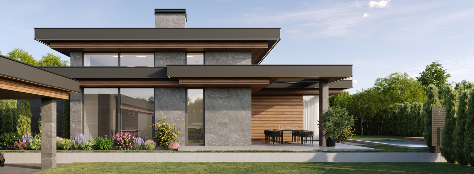 Haus mit Fensterfronten, gepflegtem Garten und einer angrenzenden Garage von meinfenster24.