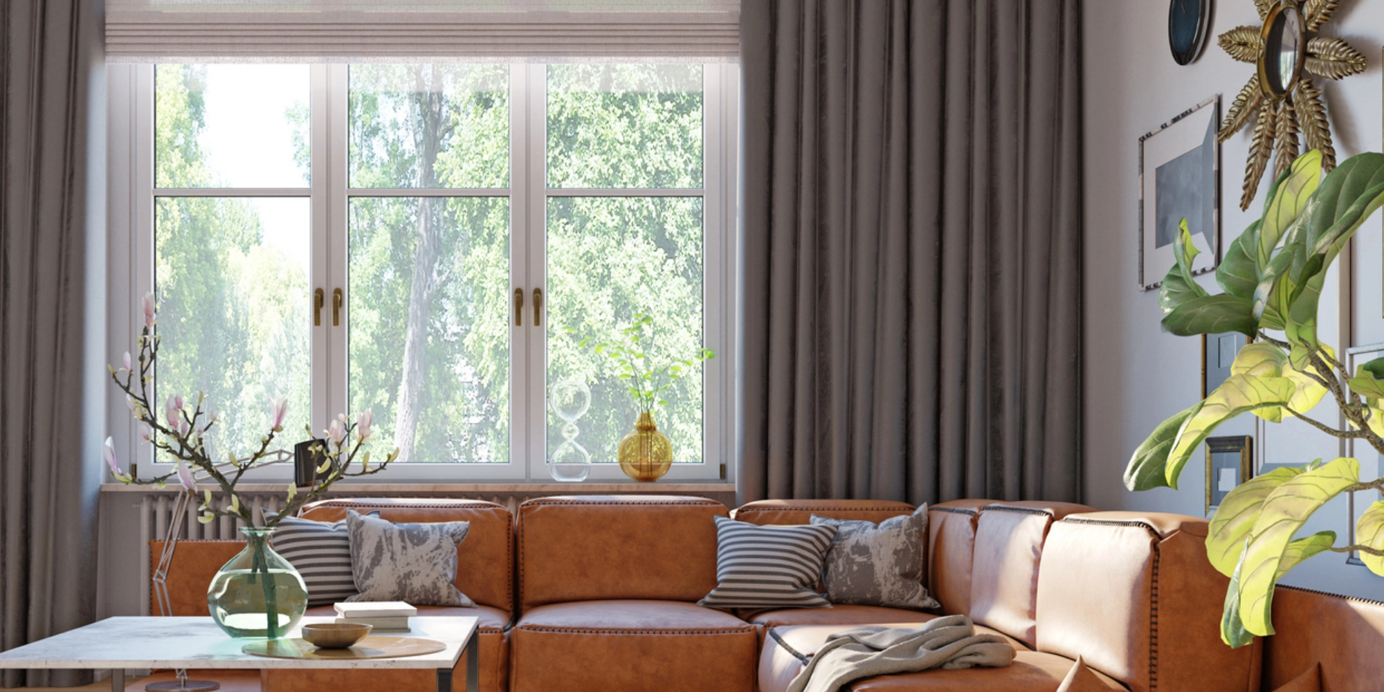 Blick aus einem gemütlichen Wohnzimmer durch das Fenster in den Garten - bei meinfenster24 können Sie unkompliziert Fenster online kaufen.
