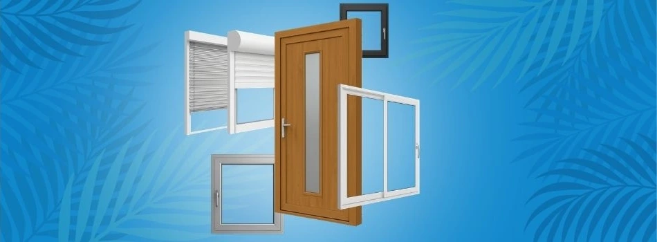 Türen, Fenster und Jalousien von meinfenster24 auf blauem Hintergrund, ergänzt durch Palmenschatten als Symbol für sommerliche Wärme. Beworben mit 35% Hitze-Rabatt und Sommer-Deal für preisbewusste Bau- und Renovierungsprojekte.