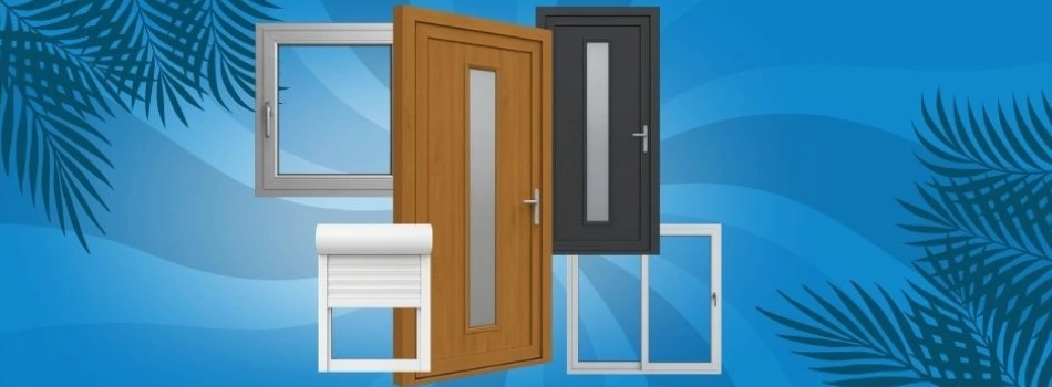 Hochwertige Fenster und Türenprodukte von meinfenster24, präsentiert mit Hitze-Rabatt bis zu 35% plus Mengenrabatt, ideal für Bau und Renovierung mit geprüfter Markenqualität. Darstellung auf blauem Hintergrund mit Palmenschatten, die sommerliche Wärme symbolisieren.