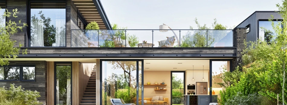Modernes Haus mit großen Fensterfronten und Balkon, beworben mit Wärme-Rabatt bis zu 35% plus unter anderem auf Fenster und Türen von meinfenster24.de.