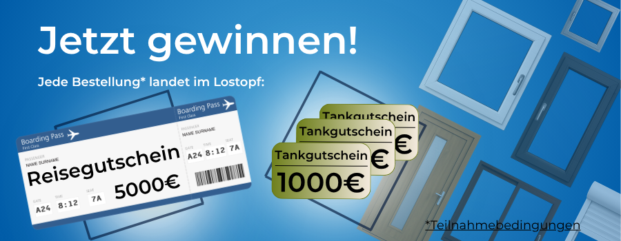 Grafik für das Jubiläums-Gewinnspiel von meinfenster24, bei dem es einen 5000€-Reisegutschein sowie 3x 1000€ Tankgutscheine zu gewinnen gibt.
