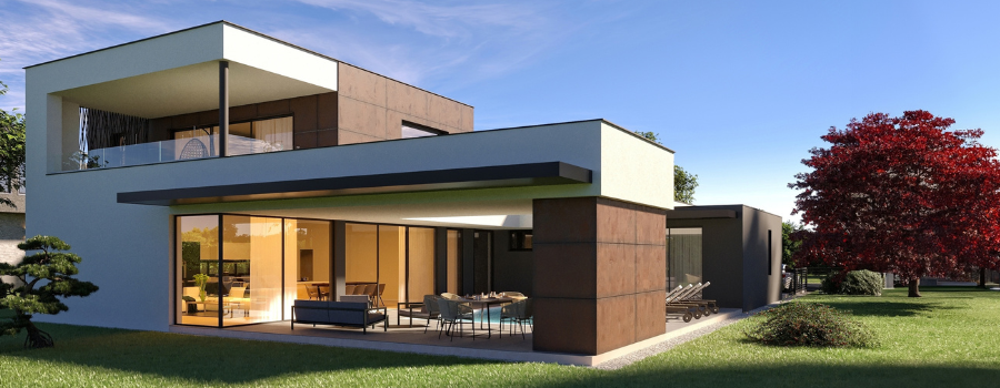 Modernes weiß braunes Einfamilienhaus mit großer Fensterfront und einen Terrassenbereich mit Lounge-Möbeln.