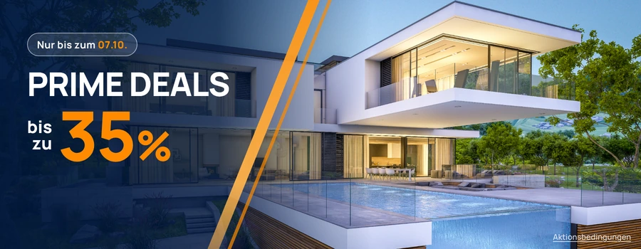 Prime Deals bei meinfenster24, Banner mit einem modernen Haus mit einer großen Fensterfront.