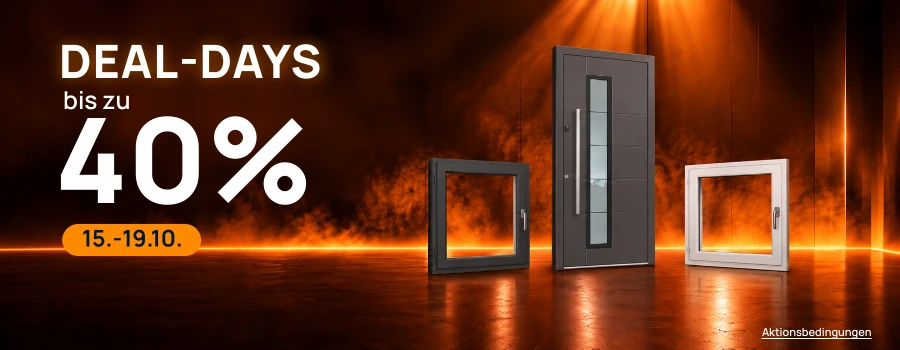 Aktionsbild für die meinfenster24 Deal-Days im Oktober 2026 mit bis zu 40% Rabatt. Das Bild zeigt 2 Einbaufenster und eine Haustür vor einem dramatischen Hintergrund.
